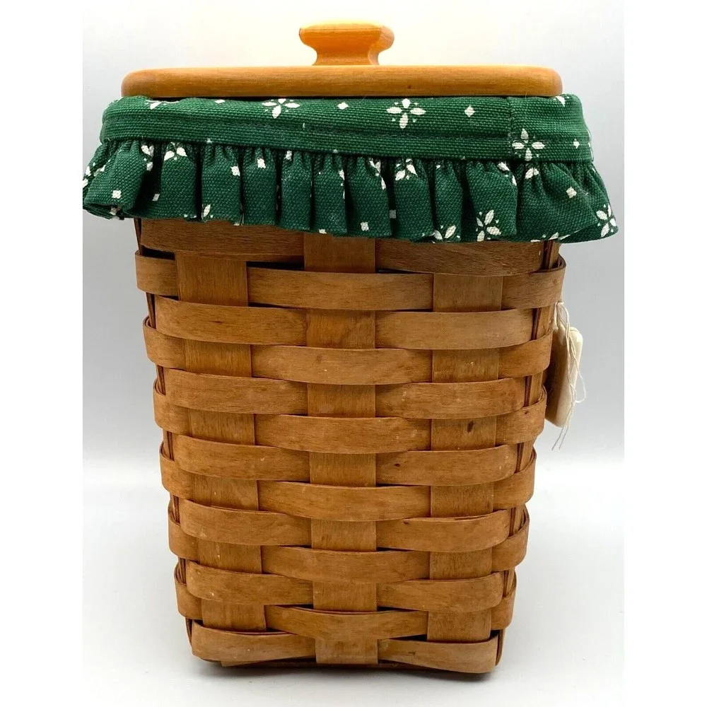 Longaberger Baskets Green Liner Protector Wooden Lid Basket 9